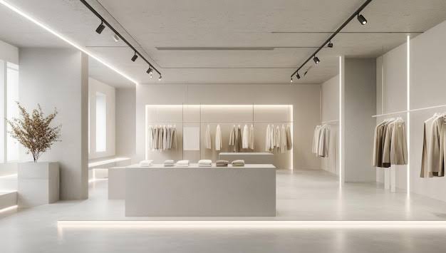 Modern retail clothing store interior with minimalist displays, clothing racks, central counter, and track lighting