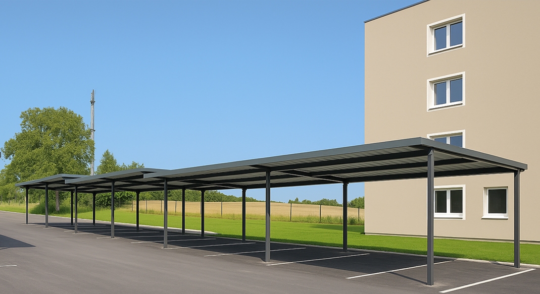 Covered carport in a multifamily housing complex, clean and well-maintained under clear skies, emphasizing the importance of regular maintenance.